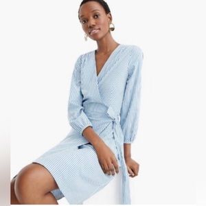 J. Crew Blue and White Striped Cotton Poplin Wrapdress